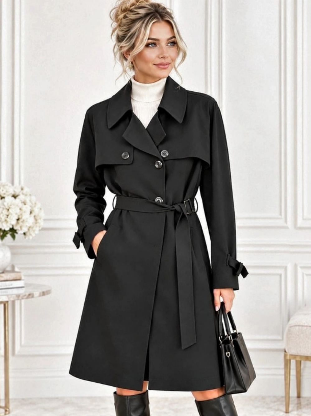 Hilary Radley Black Belted Trench Coat Jacket Size 16